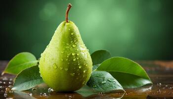 AI generated Fresh green apple slice with dew, reflecting nature beauty generated by AI photo