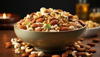 AI generated Healthy eating almond, cashew, hazelnut, walnut, pecan, peanut, seed generated by AI photo