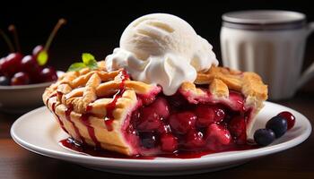 AI generated Homemade dessert Fresh berry pancake with whipped cream generated by AI photo