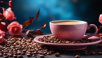 AI generated Freshness in a cup, dark bean, hot drink, rustic saucer generated by AI photo