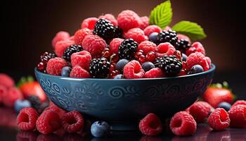 AI generated Fresh, ripe berries on wooden table, a healthy summer dessert generated by AI photo