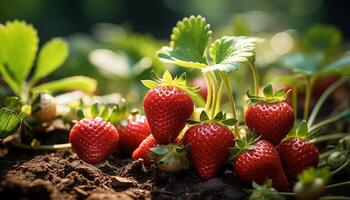 AI generated Fresh strawberry, ripe fruit, green leaf, summer refreshment generated by AI photo
