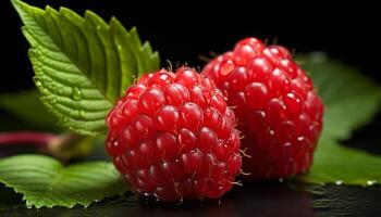 AI generated Freshness and sweetness of ripe raspberry, a healthy dessert generated by AI photo