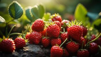 AI generated Freshness of summer ripe strawberry, leaf, healthy eating, organic generated by AI photo