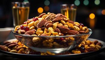 ai generado un cuenco de gastrónomo nueces, Fresco y sano bocadillo generado por ai foto