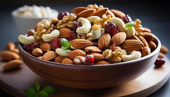 AI generated Healthy eating almond, cashew, fruit, walnut, pecan, hazelnut, snack generated by AI photo