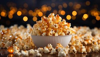 AI generated Fresh popcorn, candy, and butter perfect movie night snacks generated by AI photo