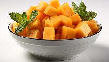 AI generated Fresh melon slices on a white plate, a refreshing summer snack generated by AI photo