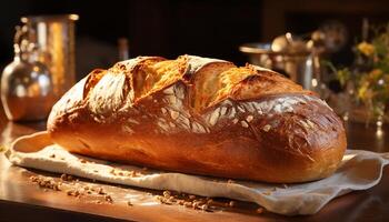 AI generated Freshly baked homemade bread on rustic wooden table generated by AI photo