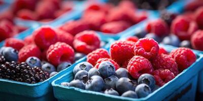 AI Generated Mix of Raspberry, Blueberry, Blackberry at Market. Natural Dessert. Mixed Berries in Carton Containers Closeup. Generative AI photo