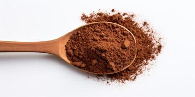 AI Generated Ground Coffee In Wooden Spoon On White Background. Pile Of Instant Cocoa Drink. Top View Of Coffee Powder Heap photo