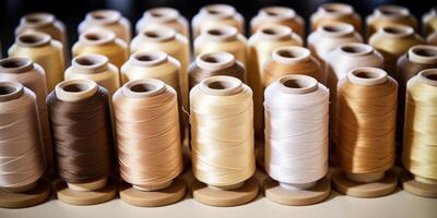 AI Generated Rows of Sewing Thread Spools in Shades of Brown and Beige. Generative AI photo