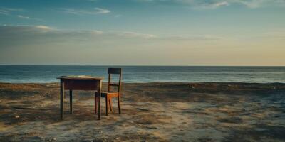 AI Generated Abandoned Wooden Chair With Table on a Hopeless Sea Horizon. Loneliness On Nature Landscape. Generative AI photo