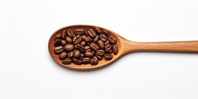 AI Generated Coffee Seed Heap In Wooden Spoon On White Background. Top View Of Pile Roasted Coffee Beans. Fresh Natural Aroma Drink photo