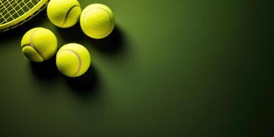 AI generated Tennis Equipment Composition. Tennis Balls And Racket. Sport and Recreation Background with Copy Space photo