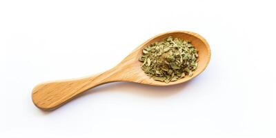AI Generated Green Herbal Seasoning In Wooden Spoon On White Background. Dry Basil, Spice Condiment. Top View Of Herbal Ingredient. Natural Dry Condiment. photo