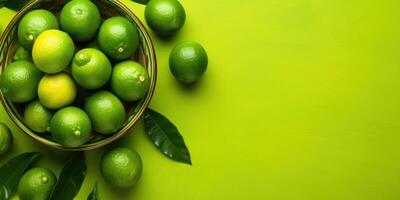 AI Generated Top View of Green Limes in a Bowl on Green Background. Pile of Fresh Lemons. Generative AI photo