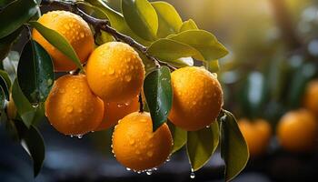 AI generated Fresh citrus fruits on a green tree branch in nature generated by AI photo