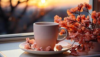 ai generado café taza en de madera mesa, rodeado por Fresco flores generado por ai foto