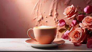 AI generated Coffee cup on table, fresh flowers, cappuccino, warmth, romance generated by AI photo