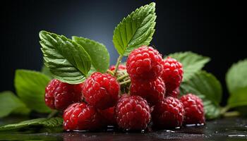 AI generated Freshness and sweetness of ripe raspberry on leaf generated by AI photo