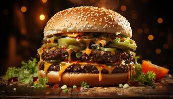 AI generated Grilled gourmet cheeseburger, fresh tomato, onion on sesame bun generated by AI photo