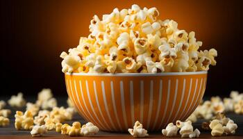 AI generated Watching a movie, eating popcorn, enjoying the film industry generated by AI photo