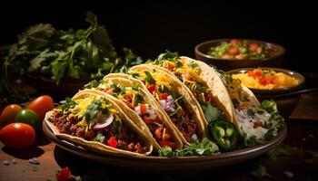 AI generated A gourmet Mexican beef taco with fresh guacamole and cilantro generated by AI photo