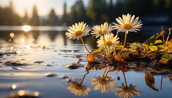 AI generated Yellow daisy reflects in tranquil pond, nature beauty generated by AI photo