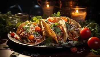 AI generated Grilled beef taco with fresh guacamole on flatbread plate generated by AI photo