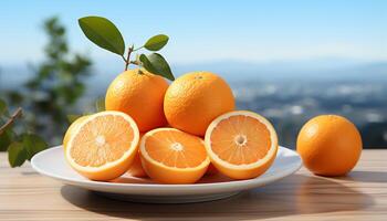 AI generated Freshness of citrus fruit on wooden table, healthy eating generated by AI photo