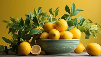 AI generated Fresh, ripe citrus fruit on wooden table, healthy and vibrant generated by AI photo