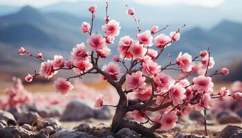 AI generated The pink cherry blossom tree blossoms in springtime generated by AI photo