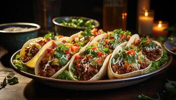 AI generated Grilled beef taco, fresh guacamole, tomato, and cilantro generated by AI photo