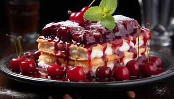 AI generated Freshness and sweetness on a gourmet plate of berry dessert generated by AI photo