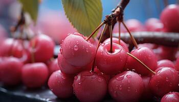 AI generated Freshness of nature ripe, organic berries on wet leaf generated by AI photo