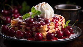 AI generated Homemade berry dessert on wood plate, fresh and sweet generated by AI photo