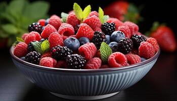 AI generated Freshness and sweetness in a bowl of berry fruit generated by AI photo