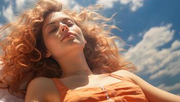 AI generated Young woman enjoying the freedom of summer outdoors, smiling with joy generated by AI photo