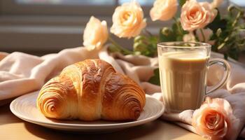 ai generado Fresco cuerno y café en de madera mesa, un dulce deleite generado por ai foto