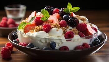 AI generated Fresh berry parfait with Greek yogurt, granola, and mint leaf generated by AI photo