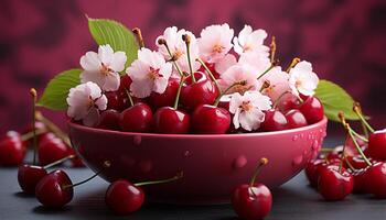 AI generated Freshness of summer ripe, juicy berries on wooden table generated by AI photo