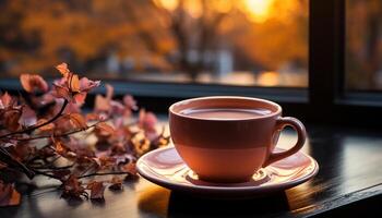 AI generated Coffee cup on wood table, steam rising, autumn vibes generated by AI photo