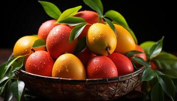 ai generado Fresco Fruta cesta naturaleza vibrante, sano celebracion de verano generado por ai foto