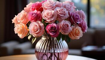 ai generado un rosado ramo de flores decora el mesa, agregando romance y elegancia generado por ai foto