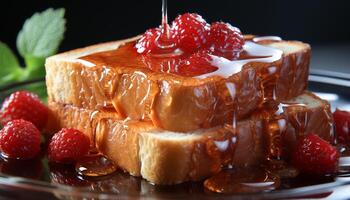 ai generado frescura y dulzura en un plato hecho en casa fresa chocolate frambuesa postre generado por ai foto