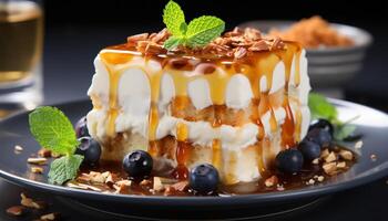 AI generated Gourmet dessert fresh berries, whipped cream, chocolate, mint leaf generated by AI photo