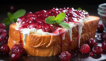 ai generado indulgente hecho en casa postre chocolate tarta de queso con Fresco bayas y menta generado por ai foto