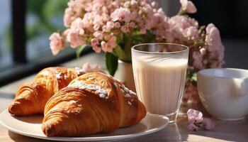 AI generated Fresh croissant and coffee on wooden table with flower bouquet generated by AI photo