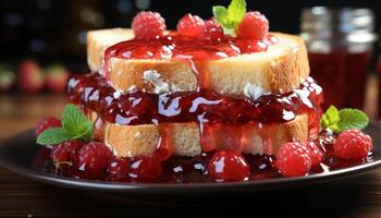 AI generated Homemade gourmet dessert fresh berry cheesecake on wooden plate generated by AI photo